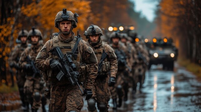 A group of soldiers dressed in camouflage gear walk together through a wet forest path, carrying equipment, during an intense military exercise in autumn