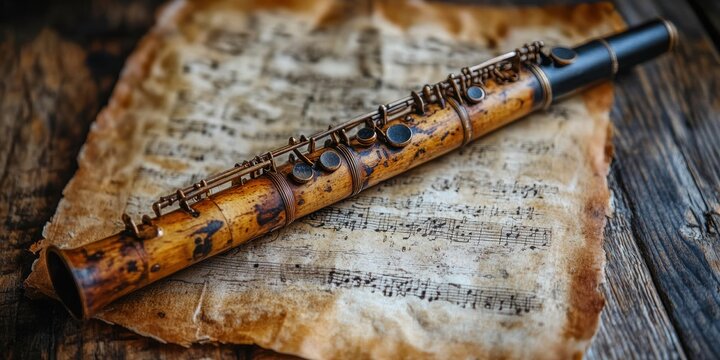 A beautifully crafted vintage wooden flute resting on an aged sheet of music emphasizes the harmonious connection between art and history