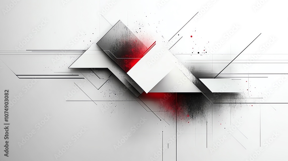 Poster abstract geometric design with red and black accents on a white background.