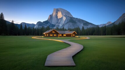 Fototapeta premium A serene wooden cabin nestled in a lush green valley, surrounded by majestic mountains under a clear blue sky.