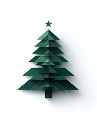 Obraz premium Abstract Geometric Representation of a Christmas Tree Featuring Layered Green Triangles with a Star on Top Against a Clean White Background