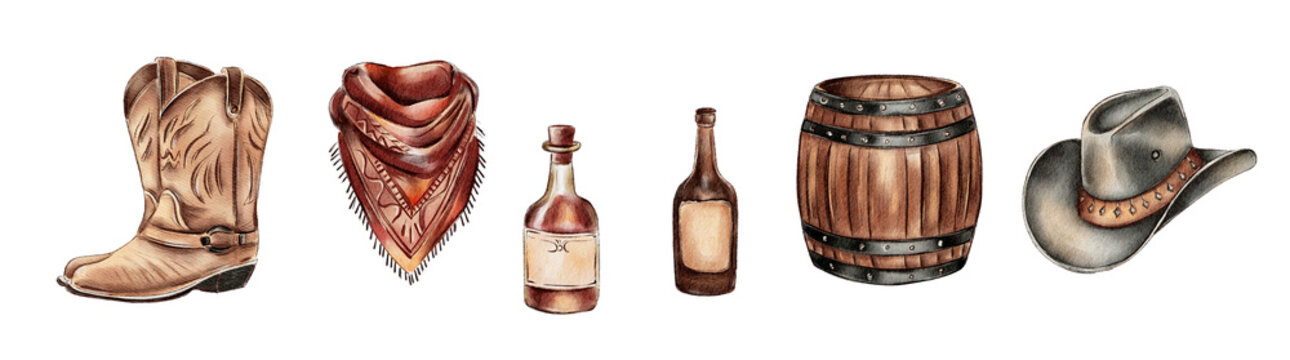 Set of cowboy western elements.Watercolor painting 