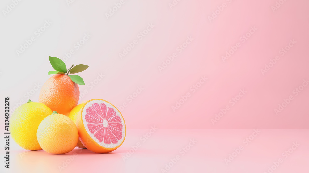 Poster fresh citrus fruits displayed in 3d style on a smooth gradient background for bright and vibrant vis