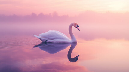 Fototapeta premium graceful white swan gliding serenely on still water under a pink and purple sunset sky. Its reflection creates a peaceful, dreamy effect. The scene evokes tranquility and natural beauty