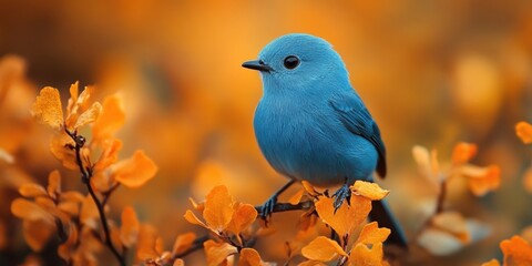 Fototapeta premium A vibrant blue bird perched gracefully on branches with autumn-colored leaves, creating a striking contrast in the natural environment scene