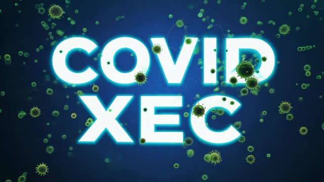 3D illuminated text of "COVID XEC" surrounded by virus particles, set against a digital, futuristic background