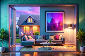 a room with a couch, a table, and a sign that says house on it