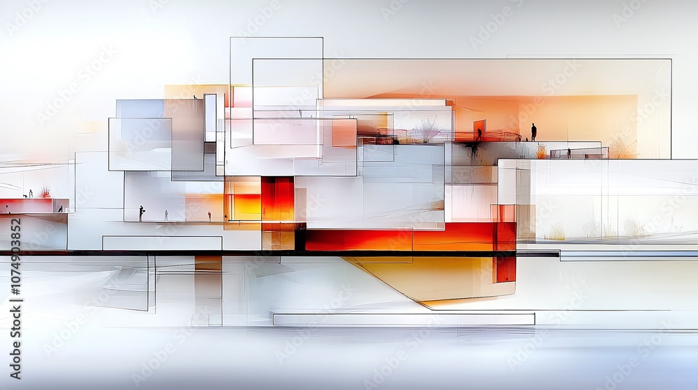 Poster abstract architecture with geometric shapes and silhouettes.