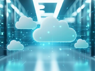 Futuristic cloud computing concept with digital data flow in a server room.