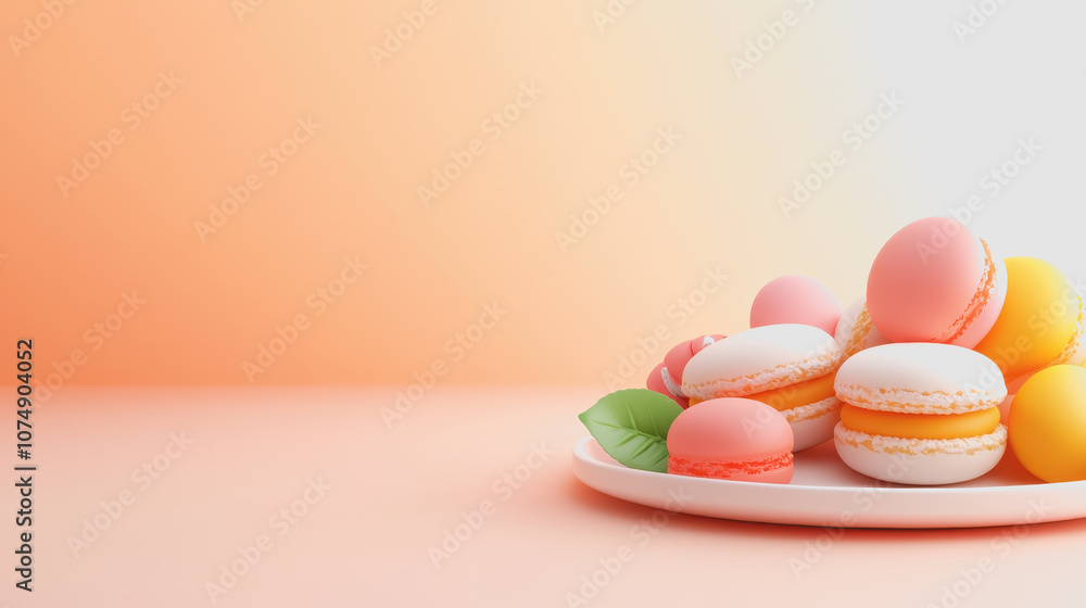 Poster colorful display of macarons on a smooth gradient background with soft pastel shades, perfect for fo