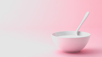 Serene White Bowl with Spoon on Smooth Gradient Background, Exuding Comfort and Minimalism in Food Presentation for Modern Aesthetics