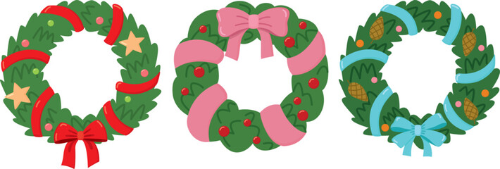 Set of Christmas wreaths with ribbons and decorations. New year's cute decorative objects © Olga Dykun