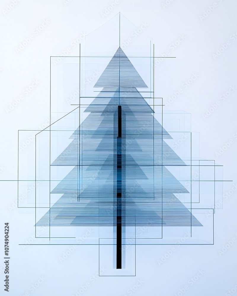 Poster abstract representation of a stylized tree with layered geometric lines and shapes in cool tones, pe