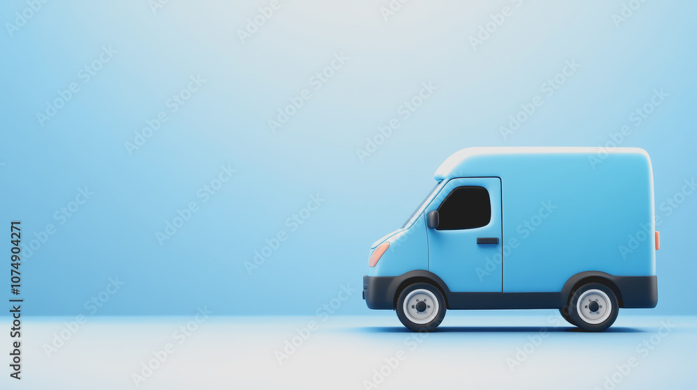 Poster blue 3d delivery van on smooth gradient background with soft lighting for courier and transportation