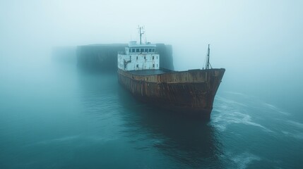 Obraz premium A solitary, abandoned ship rests in the dense mist, evoking a mysterious and eerie ambiance on the calm water, suggesting tales of the past