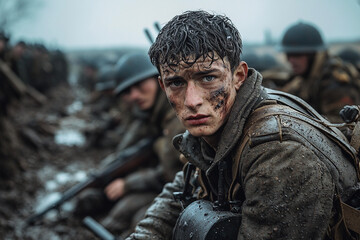 Obraz premium Young soldier in muddy trench during battle in winter conditions