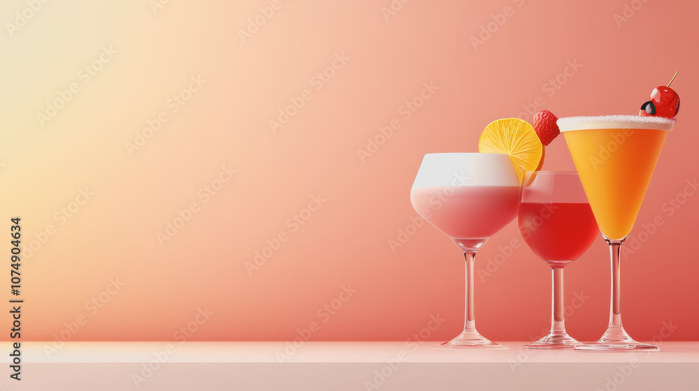 Poster vibrant and colorful cocktails displayed on a smooth gradient background with refreshing ingredients