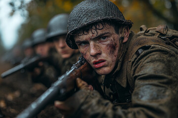Obraz premium Soldiers in a muddy trench during World War II, focused and alert