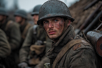 Obraz premium Young soldier resting in muddy trench during World War conflict