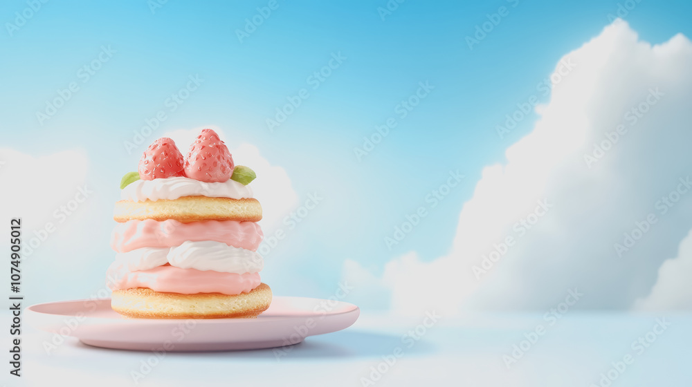 Poster delicious three-layered strawberry dessert on a soft gradient background with whipped cream and fres