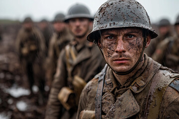 Fototapeta premium Soldier in muddy uniform stands ready for battle during World War