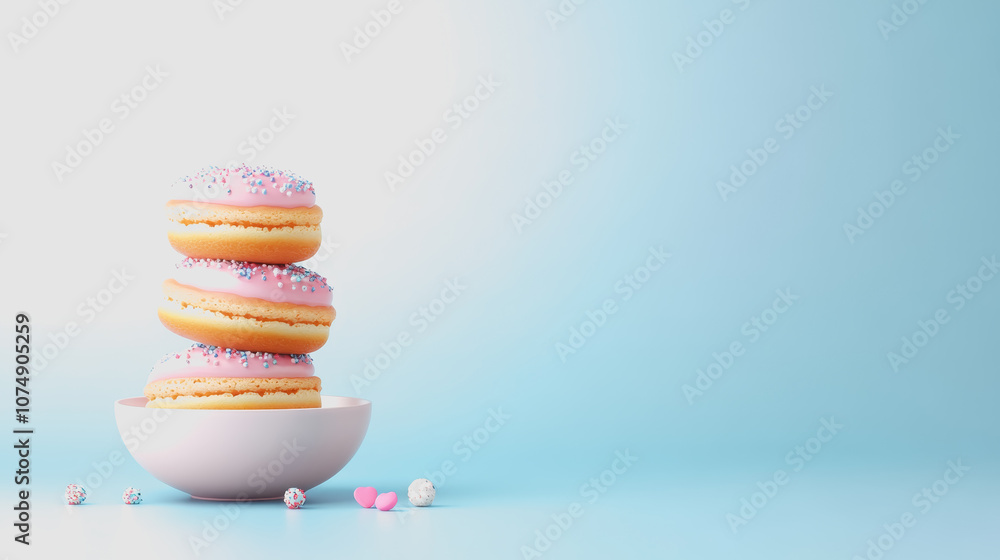 Poster elegant dessert styling with colorful macarons stacked on a plate against a smooth gradient backgrou