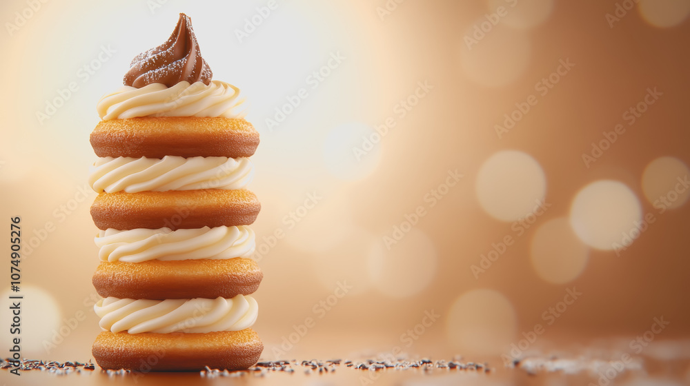Poster A Delectable Triple Stack of Golden Brown Donuts with Whipped Cream and Swirls of Chocolate on a Smooth Gradient Background with Soft Bokeh Effects