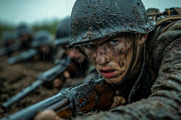 Obraz premium Soldiers in muddy trenches during a rainstorm in wartime conflict