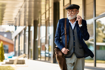 A distinguished senior man in a checkered blazer strolls thoughtfully outside a sleek modern building.