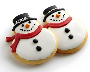 Fototapeta premium Delightful snowman cookies decorated with white icing, hats, and scarves, perfect for festive occasions.