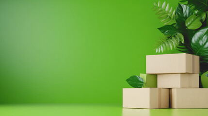 Eco-Friendly Boxes Arranged on a Smooth Gradient Background with Lush Green Foliage for Sustainable Packaging Concepts and Environmental Themes