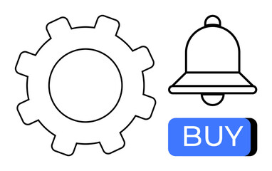 Gear symbolizing settings, notification bell for alerts, and blue buy button with white text. Ideal for UIUX design, e-commerce, notifications, settings, online shopping, digital marketing, web