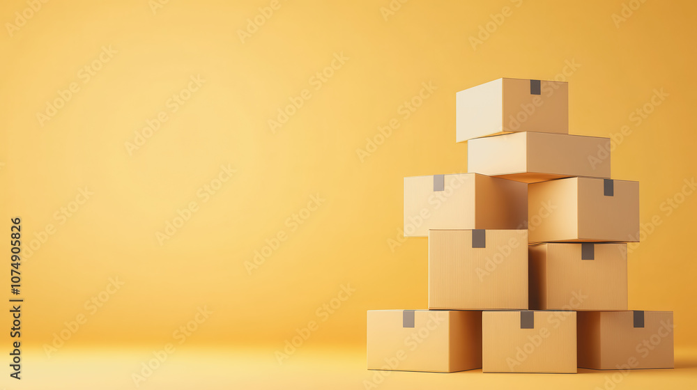 Poster stacked brown boxes on a smooth yellow gradient background ideal for commerce and packaging concepts