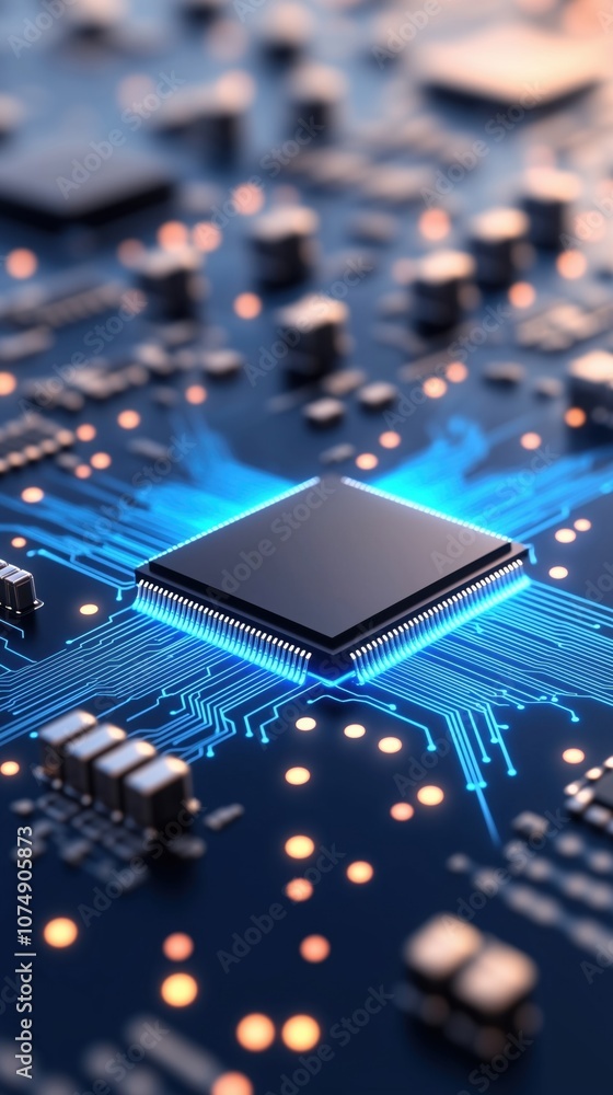 Poster a close-up view of a microchip showcasing intricate circuitry and glowing connections, symbolizing a