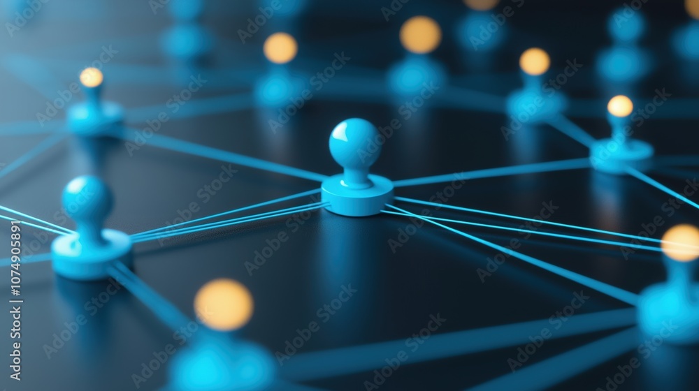 Poster a close-up view of blue network nodes connected by lines, symbolizing digital connectivity and commu