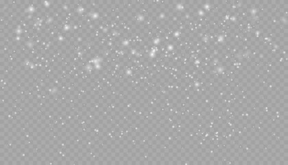 Realistic falling snow with snowflakes and clouds. Vector heavy snowfall, snowflakes in different shapes and forms. Many white cold flake elements on transparent background.