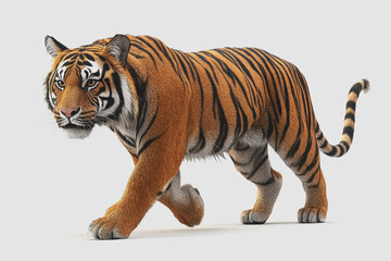 Fototapeta premium Hyper-realistic of an Endangered Tiger Walking Isolated on White Background, Highlighting Wildlife Conservation and Awareness Efforts
