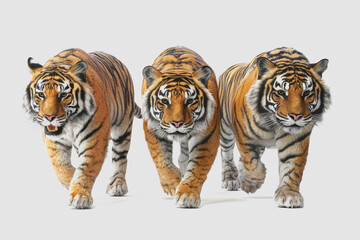 Obraz premium Realistic of Three Isolated Endangered Tigers Walking Towards the Viewer Against a White Background
