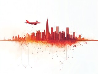Fototapeta premium Red silhouette of a modern city skyline with a plane flying overhead.