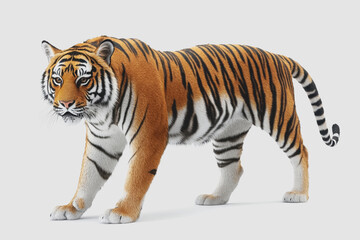 Obraz premium Realistic of a Striking Tiger Walking on a White Background, Ideal for Wildlife and Animal Enthusiasts, Education, and Decorative Purposes
