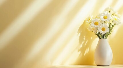 A vase of daisies casts soft shadows on a sunlit yellow wall, AI