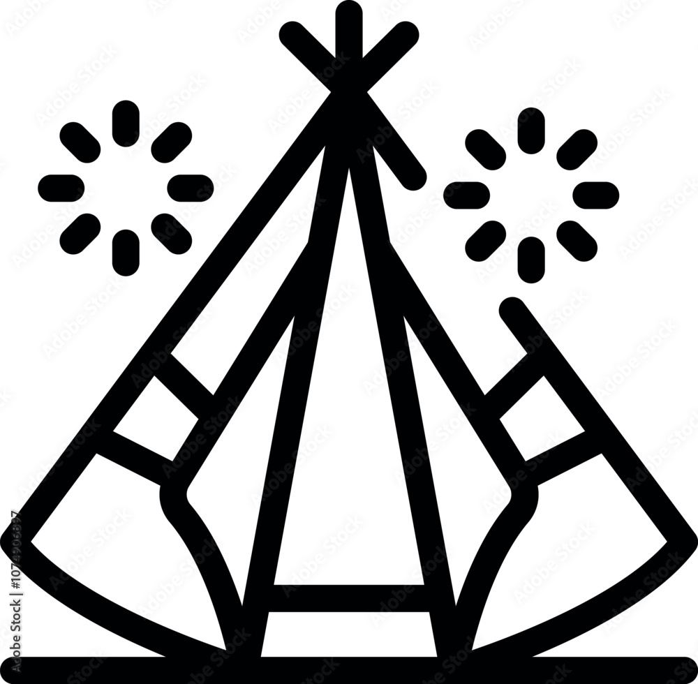 Poster simple line drawing of a teepee with fireworks exploding on either side, possibly celebrating a holi