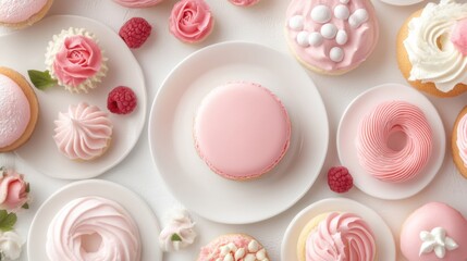 Assorted pink pastries and sweets arranged elegantly on white plates, AI