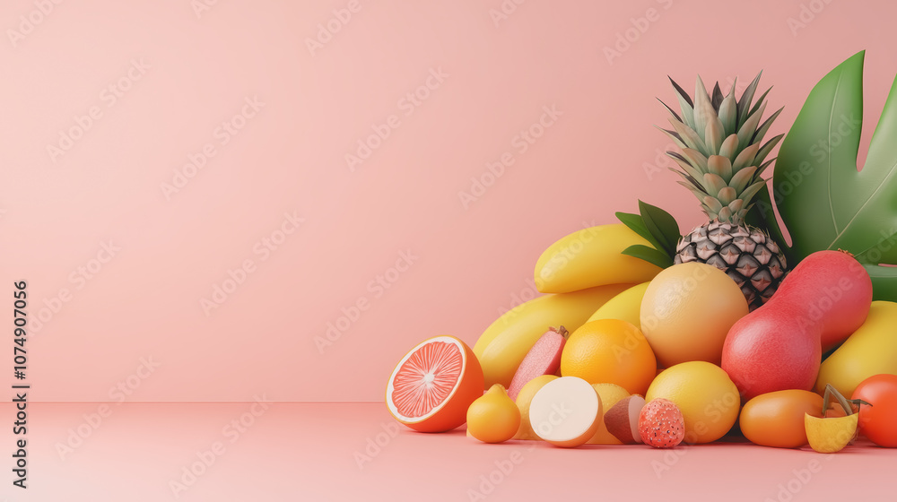 Poster Colorful Representation of Exotic Fruits Arranged on a Smooth Gradient Background with Tropical Elements for Use in Modern Designs and Creative Projects