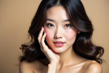 Fototapeta premium Beautiful Asian Woman with Flawless Skin and Soft Waves