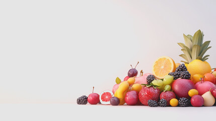 A Colorful Arrangement of Exotic Fruits on a Smooth Gradient Background, Showcasing a Variety of Shapes, Colors, and Textures in 3D Design for Visual Appeal