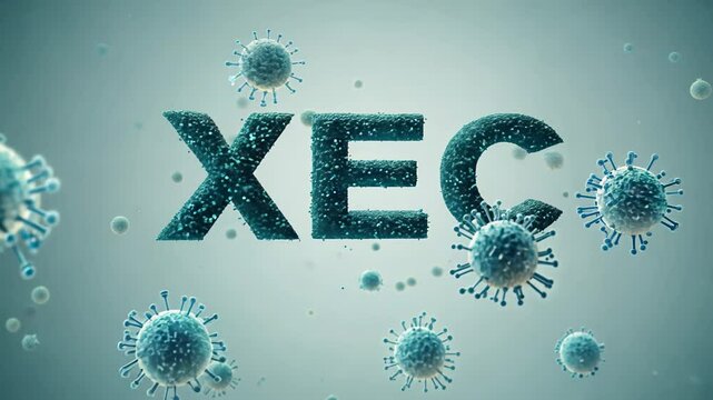 3D rendering of the letters "XEC" formed by virus-like particles, with floating viral structures in a digital, scientific background