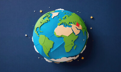 Fototapeta premium A papercraft globe with the Middle East highlighted in red sits against a dark blue background