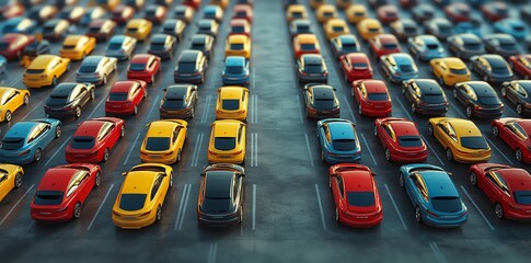 Obraz premium A long line of parked cars, mostly in yellow, red, and blue colors, on a paved lot.