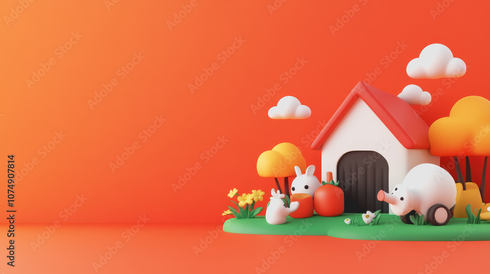 Poster playful and colorful farm scene with adorable characters and a cozy cottage set against a soft gradi